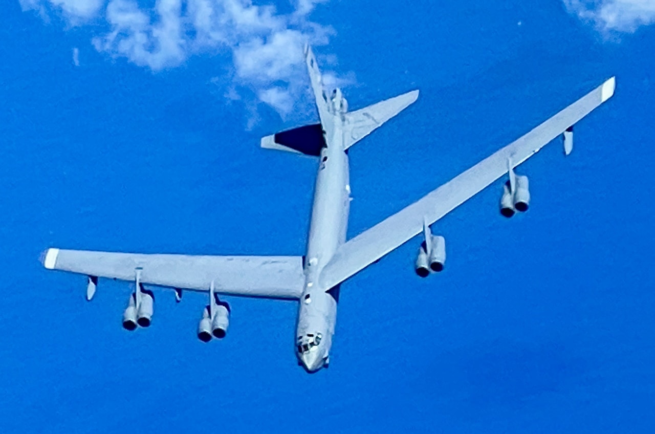 A B-52 Stratofortress assigned to the 2nd Bomb Wing, Barksdale Air Force Base, Louisiana, approaches a KC-135 Stratotanker assigned to the 6th Air Refueling Wing, MacDill AFB, Florida, for fuel over the southeastern United States, Nov. 5, 2024. The B-52 Stratofortress is a long-range, heavy bomber that can perform a variety of missions. As part of the Air Force Global Strike Command, the B-52 enables combat-ready forces to conduct strategic nuclear deterrence and global strike operations in support of combatant commanders. (U.S. Air Force photo by Senior Airman Mia McNeill)