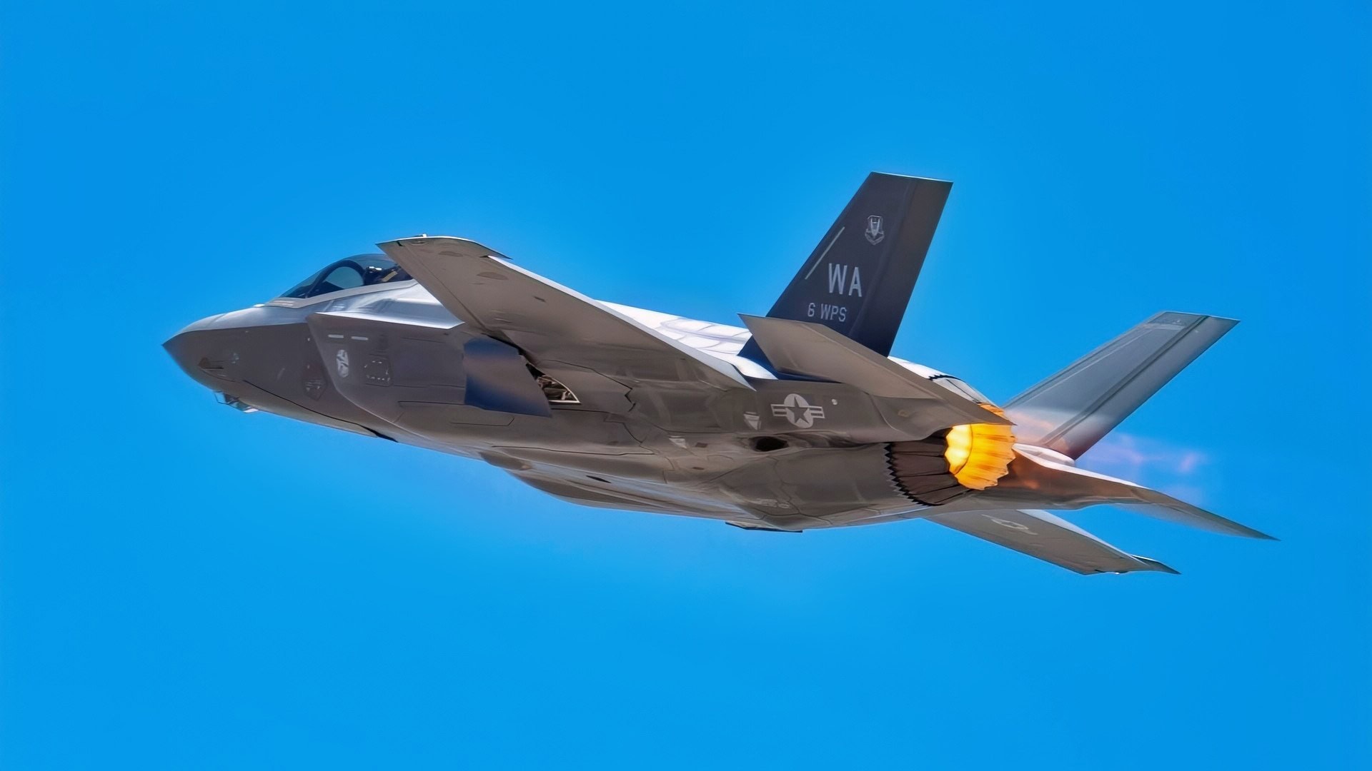 An F-35A Lightning II fighter jet, 6th Weapons Squadron (WPS), takes off from Nellis Air Force Base, Nev., July 18, 2019. The 6th WPS is the only squadron under the U.S. Air Force Weapons School exclusively training on the F-35A. (U.S. Air Force photo by Airman 1st Class Bryan Guthrie)